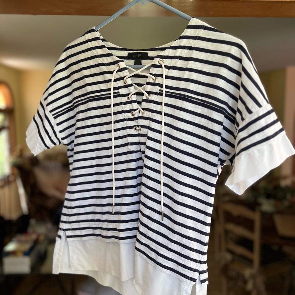 J. Crew Black and White Sailor Collar Blouse with Tie Front